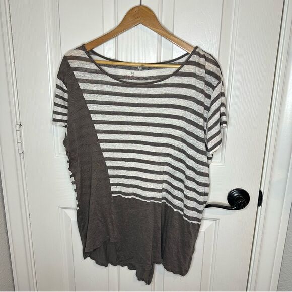 Johnny Was Pete & Greta 100% Linen Brown White Striped Asymmetrical Blouse Sz M - Picture 1 of 9